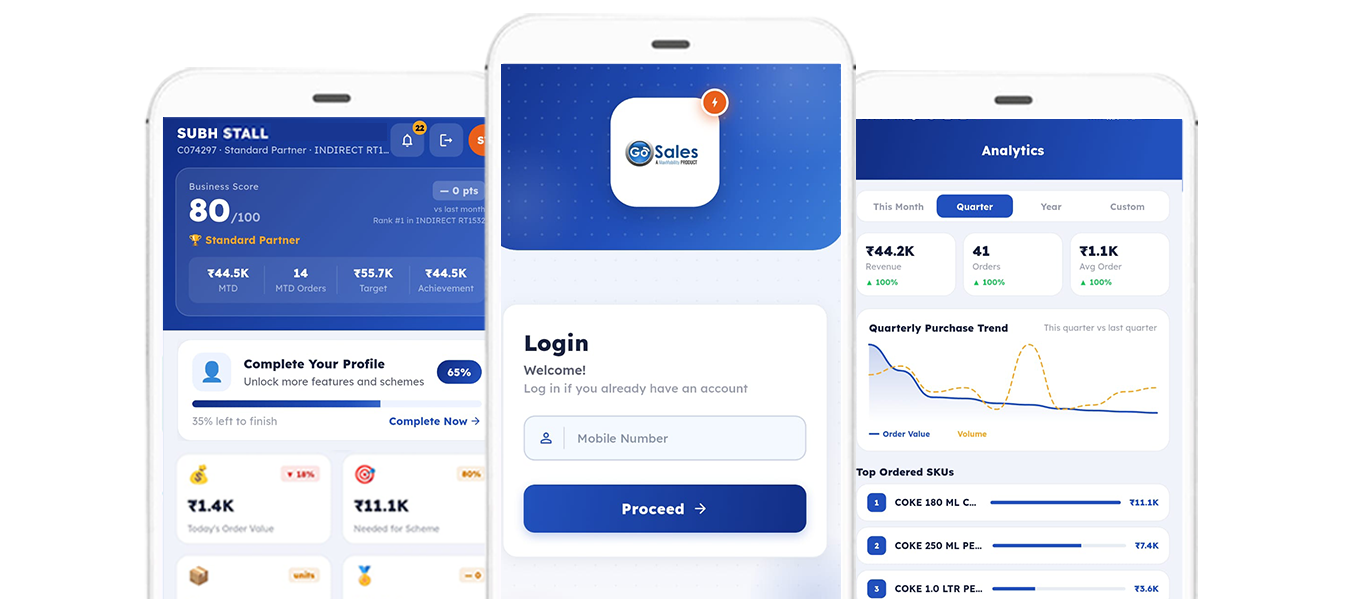 GoSales Dealer / Retailer App — mobile dashboard and login screens
