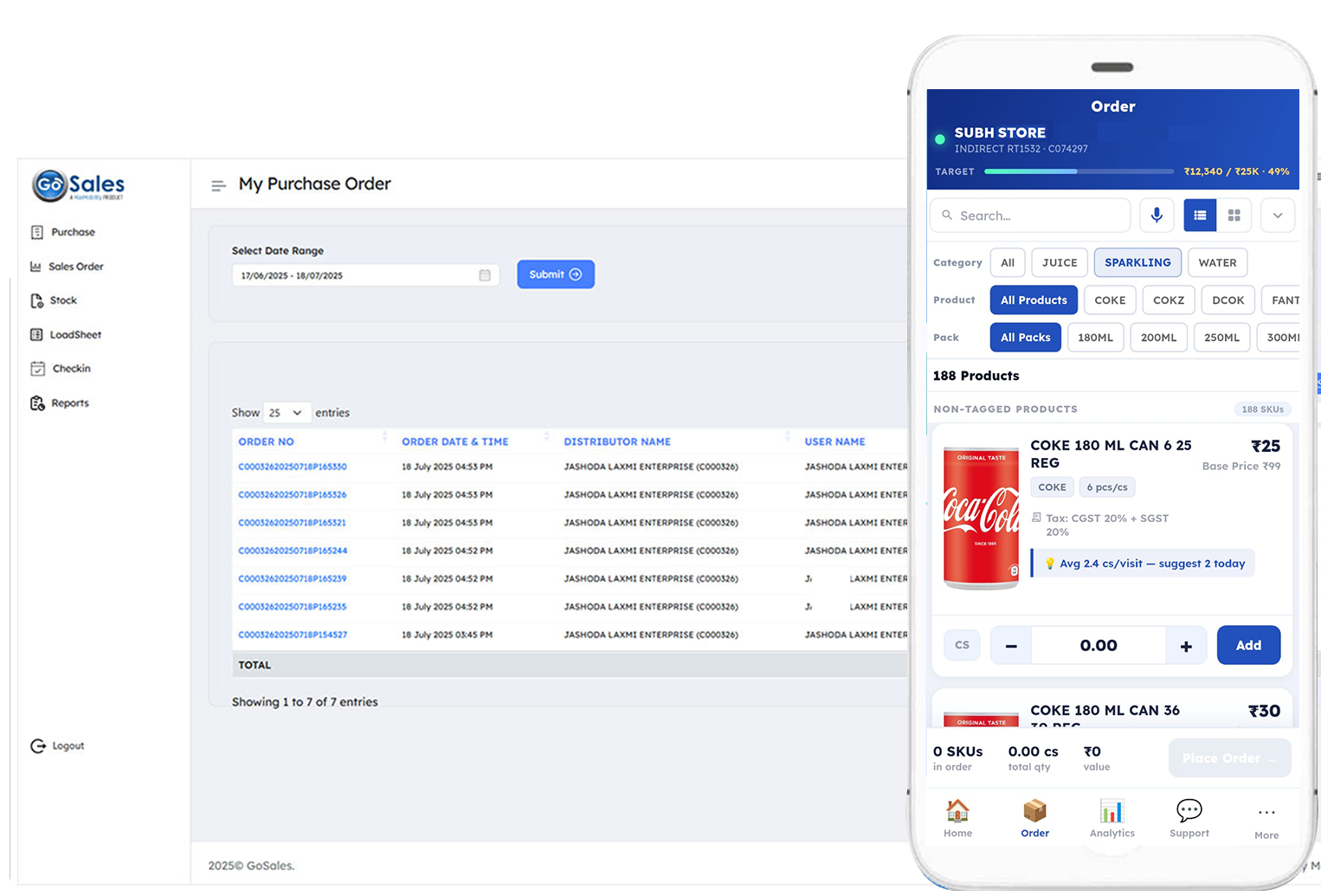 Order management — place and track distributor orders from app and web portal