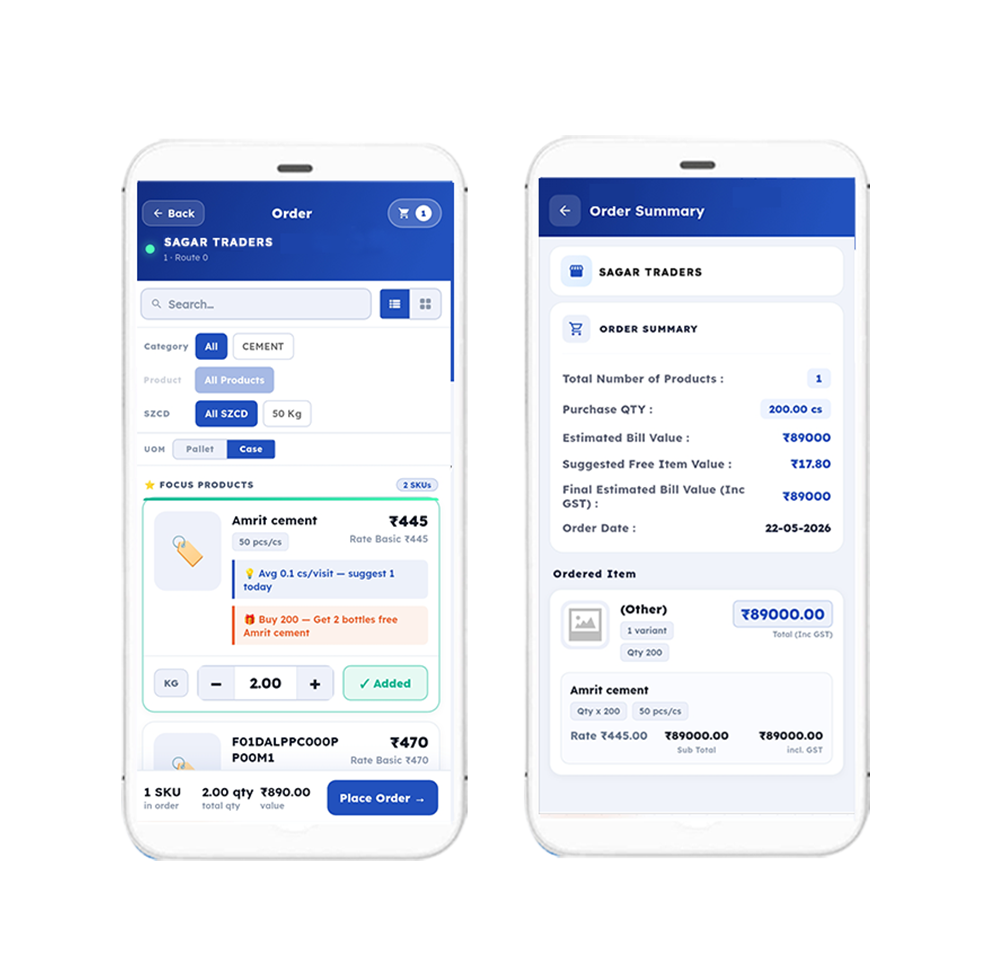 Order management — digital order booking with SKU catalogue and scheme application