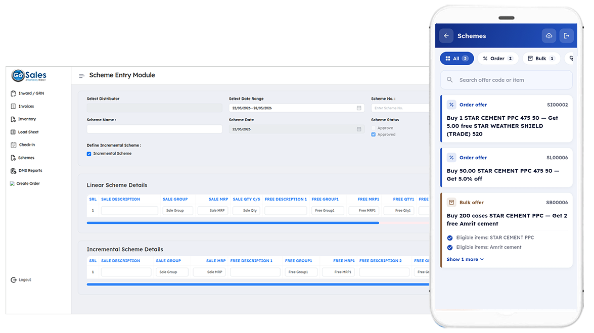 Order management — digital order booking with SKU catalogue and scheme application