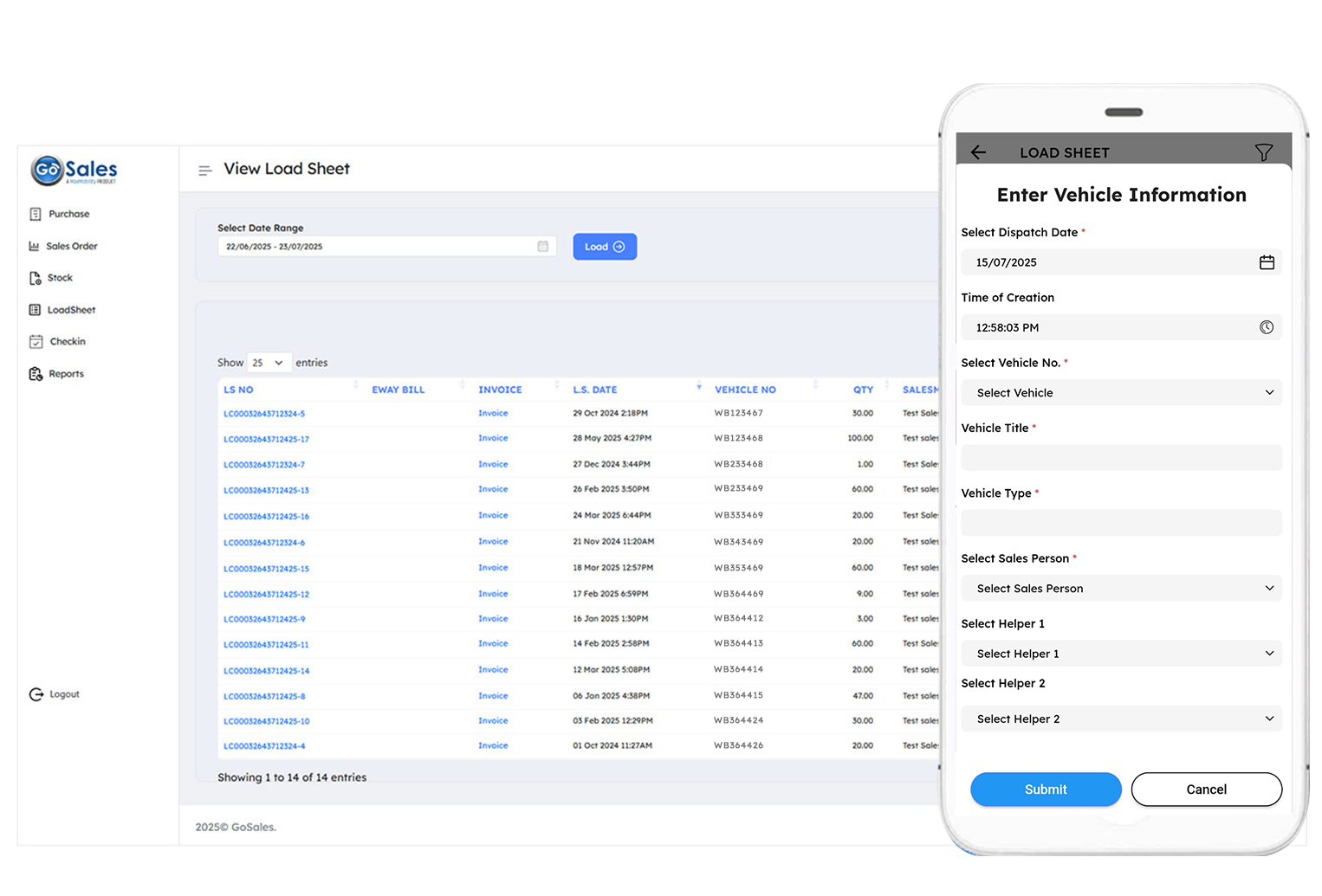 Van and loadsheet management — vehicle stock and loadsheet traceability